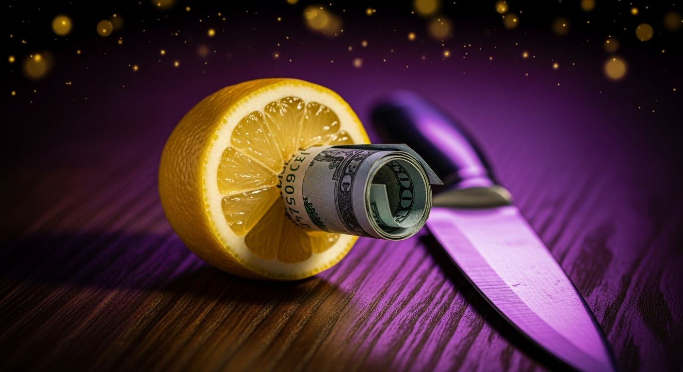 Hand cutting open a lemon with a rolled banknote inside